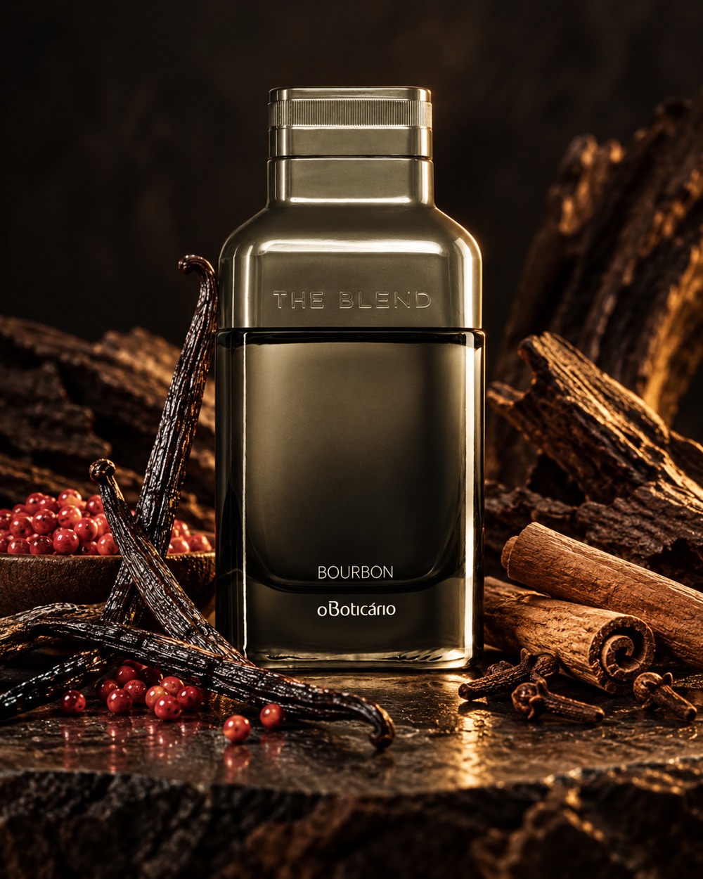 Arte do frasco de The Blend Bourbon com baunilha, pimenta rosa, canela e cravo
