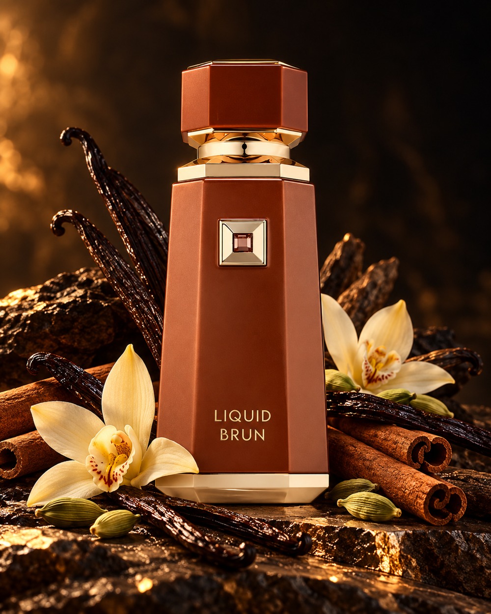 Arte do frasco de Liquid Brun com baunilha, canela e cardamomo