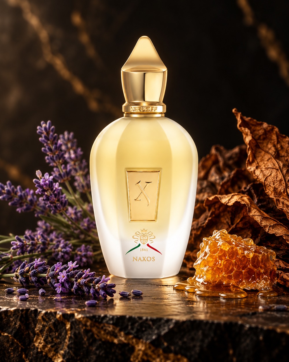 Arte do frasco de Naxos com lavanda, mel e folhas de tabaco