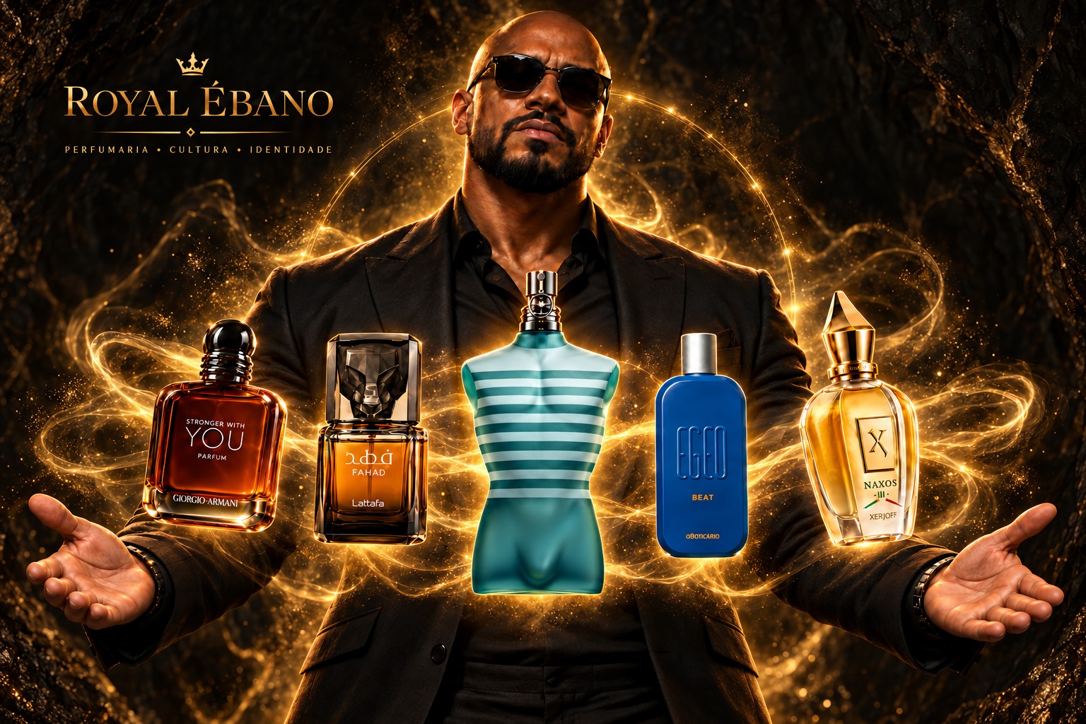 Arte da Royal Ébano: Adriano de terno e braços abertos, com cinco perfumes flutuando à sua frente